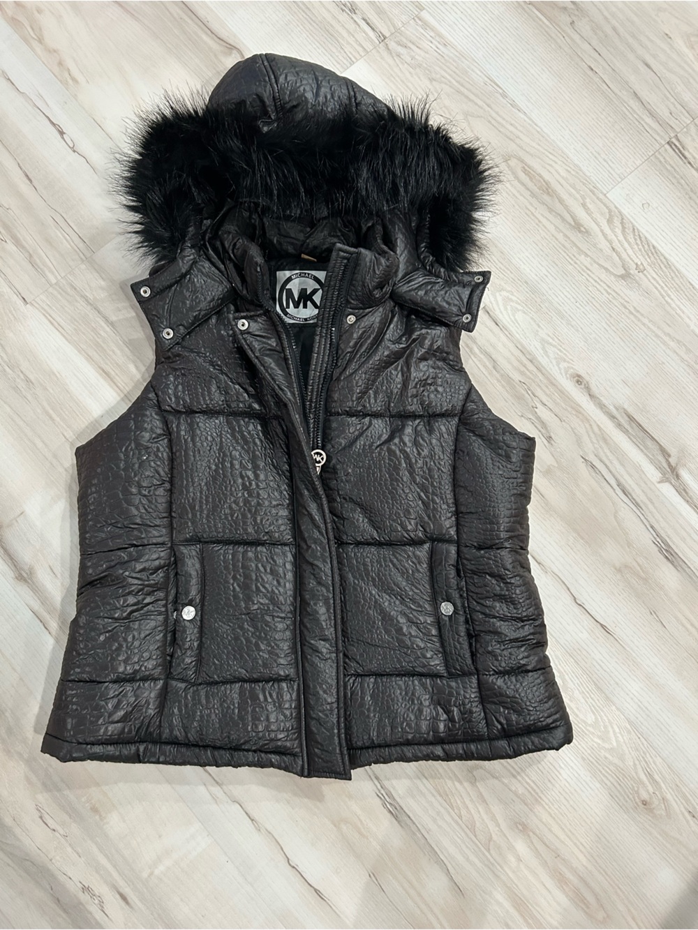 Michael Kors Black Quilted Faux-Fur Trim Hooded Puffer Vest